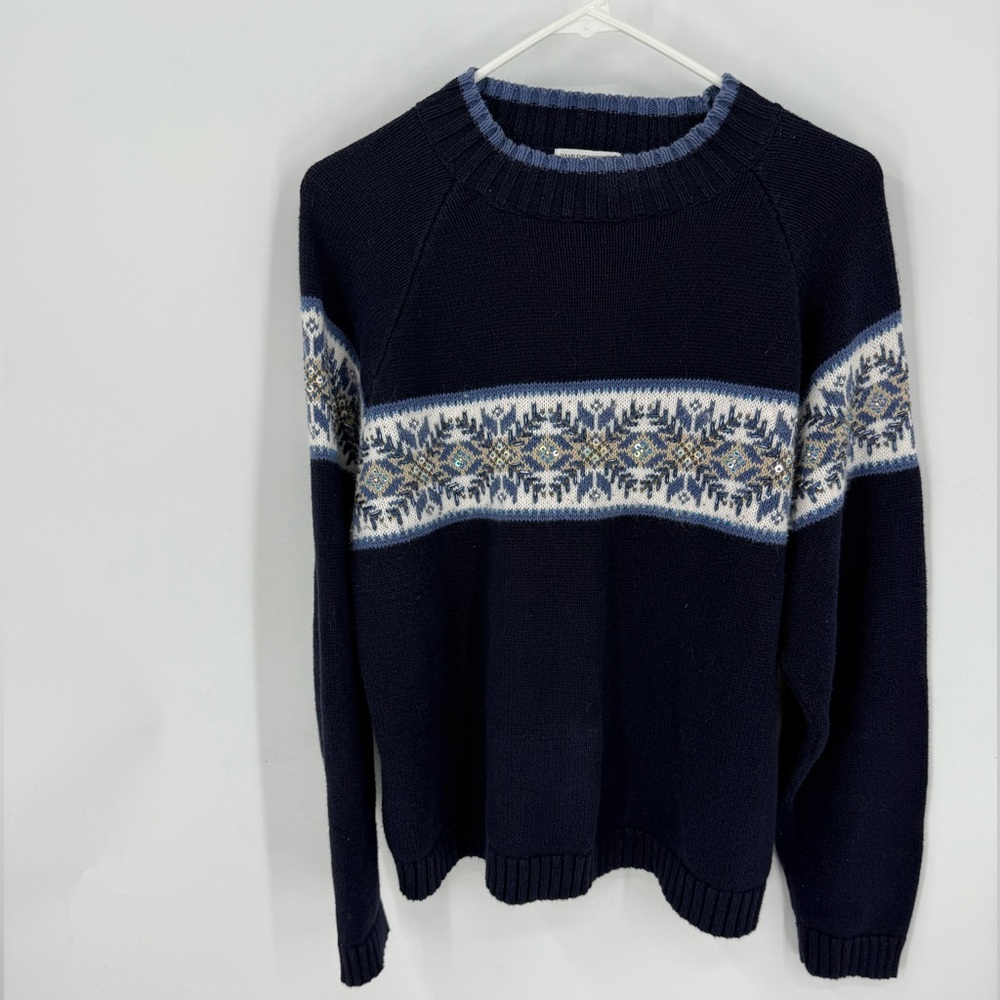 Christopher & Banks hand embroidered blue snowflake print fair isle sweater L